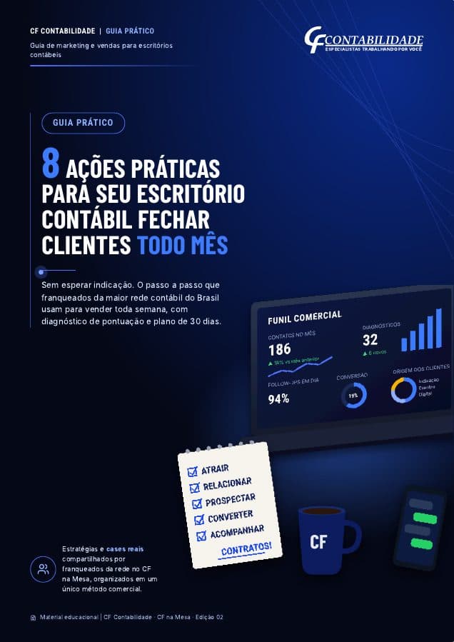 Capa do guia 8 Ações Práticas para o Escritório Contábil Fechar Clientes Todo Mês