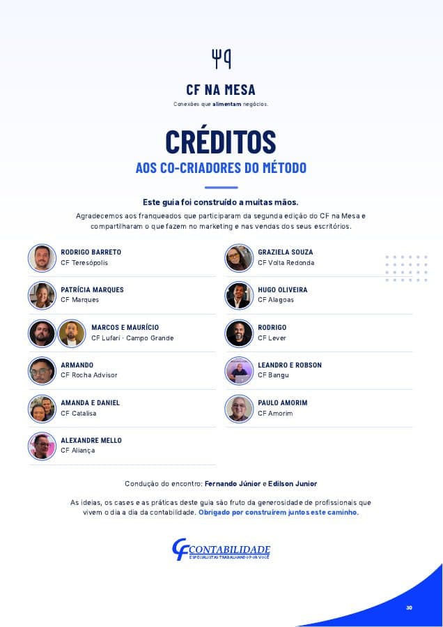 Página de créditos do guia com os franqueados co-criadores do método no CF na Mesa
